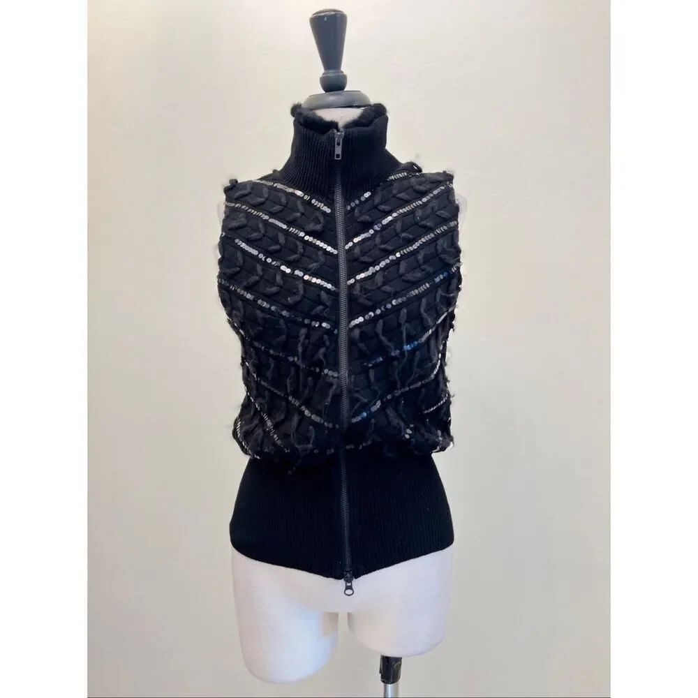 A/X Armani Exchange Women's Faux Fur Sequin Embellished Vest Jacket Black Large